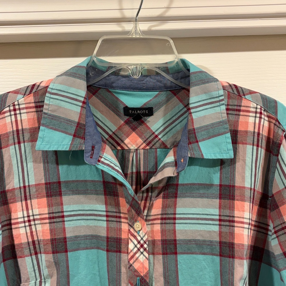 Talbots Plaid Button-Down Shirt in Teal and Coral Womens L like new - Picture 2 of 5